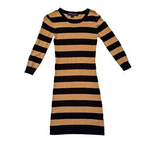 French Connection Sweater Dress XS Striped Camel Black Bodycon Long Sleeve Knit